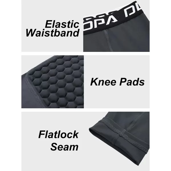 DEVOROPA Youth Boys Compression Pants with Knee Pads 34 Basketball Athletic Tights Quick Dry Sports Workout LeggingsGray