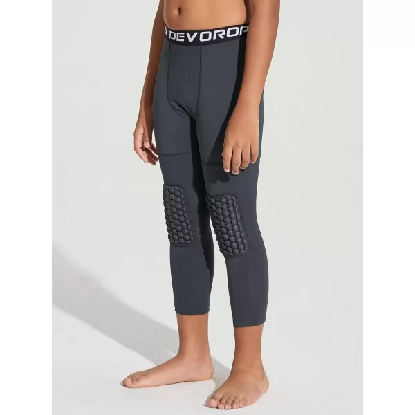 DEVOROPA Youth Boys Compression Pants with Knee Pads 34 Basketball Athletic Tights Quick Dry Sports Workout LeggingsGray