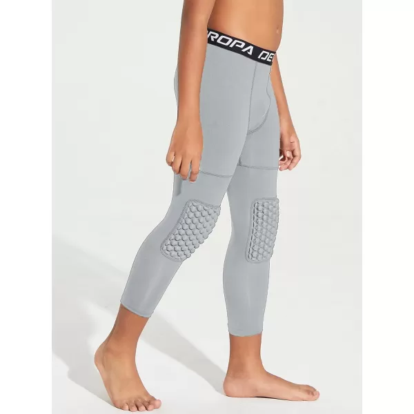 DEVOROPA Youth Boys Compression Pants with Knee Pads 34 Basketball Athletic Tights Quick Dry Sports Workout LeggingsLight Gray