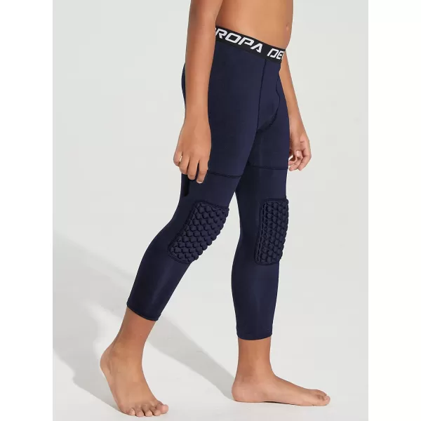 DEVOROPA Youth Boys Compression Pants with Knee Pads 34 Basketball Athletic Tights Quick Dry Sports Workout LeggingsNavy