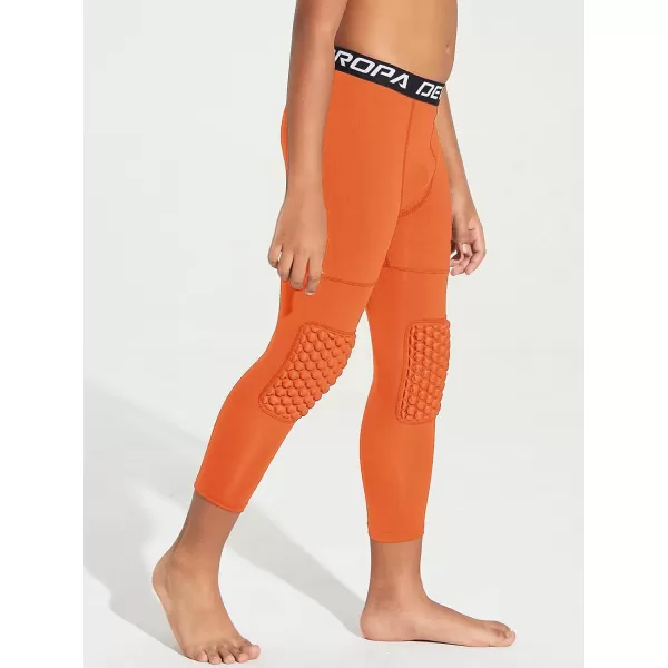 DEVOROPA Youth Boys Compression Pants with Knee Pads 34 Basketball Athletic Tights Quick Dry Sports Workout LeggingsOrange