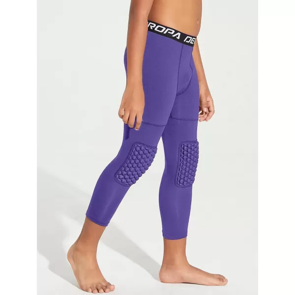 DEVOROPA Youth Boys Compression Pants with Knee Pads 34 Basketball Athletic Tights Quick Dry Sports Workout LeggingsPurple
