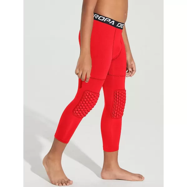 DEVOROPA Youth Boys Compression Pants with Knee Pads 34 Basketball Athletic Tights Quick Dry Sports Workout LeggingsRed