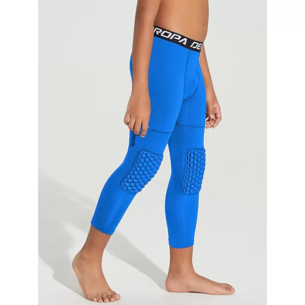 DEVOROPA Youth Boys Compression Pants with Knee Pads 34 Basketball Athletic Tights Quick Dry Sports Workout LeggingsRoyal