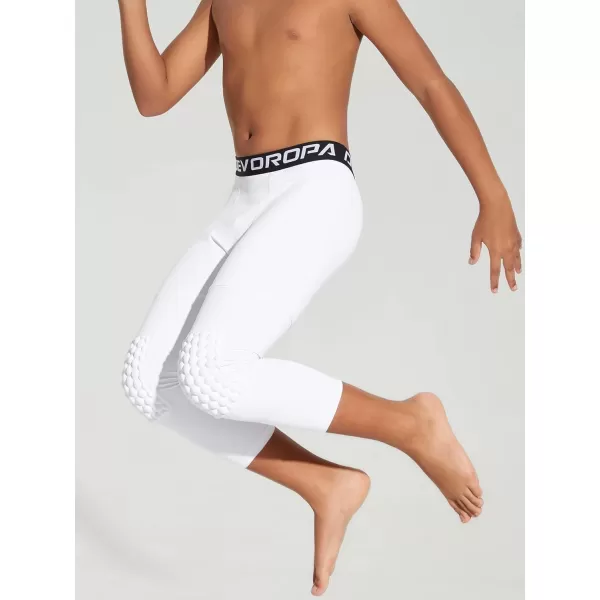 DEVOROPA Youth Boys Compression Pants with Knee Pads 34 Basketball Athletic Tights Quick Dry Sports Workout LeggingsWhite