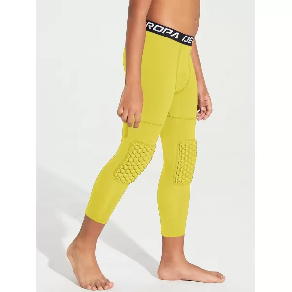 DEVOROPA Youth Boys Compression Pants with Knee Pads 34 Basketball Athletic Tights Quick Dry Sports Workout LeggingsYellow