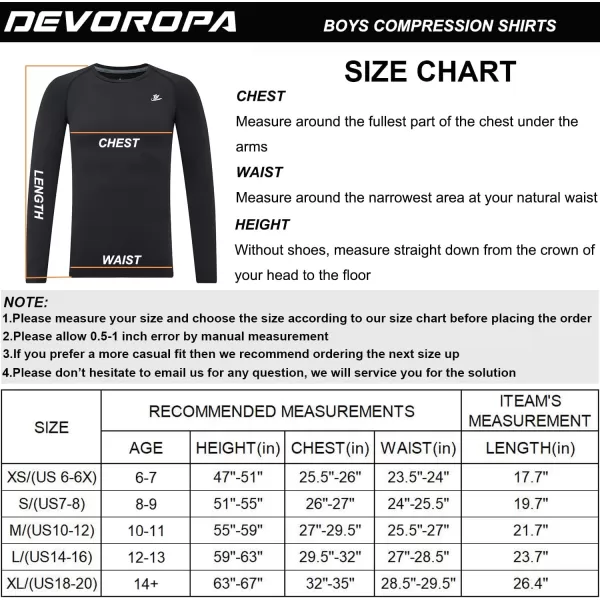 DEVOROPA Youth Boys Compression Shirt Long Sleeve Football Baseball Undershirt Quick Dry Sports BaselayerBlack
