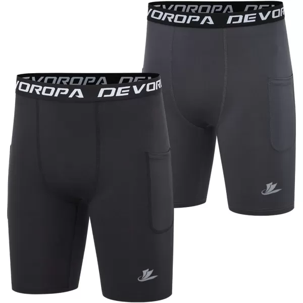 DEVOROPA Youth Boys Compression Shorts Performance Athletic Base Layers Workout Training Underwear Side Pocket Pack of 2BlackWhitewith Side Pockets