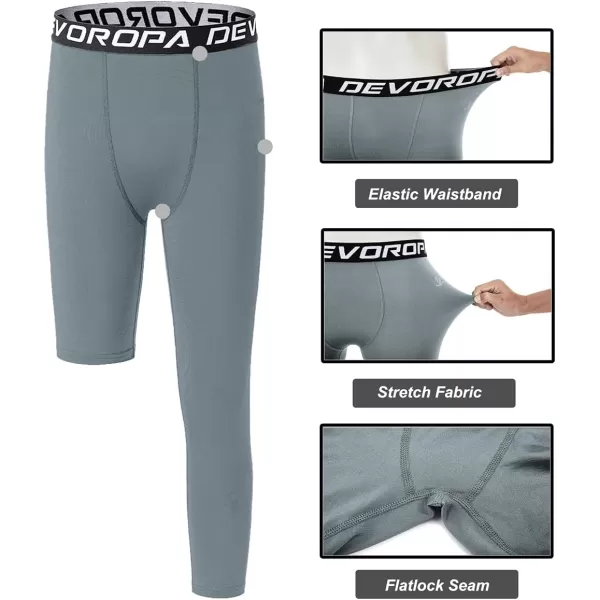 DEVOROPA Youth Boys One Leg Compression Pants for Basketball 34 Leggings Sports Tights Kids Athletic Soccer Base LayerLight Grayleft Long