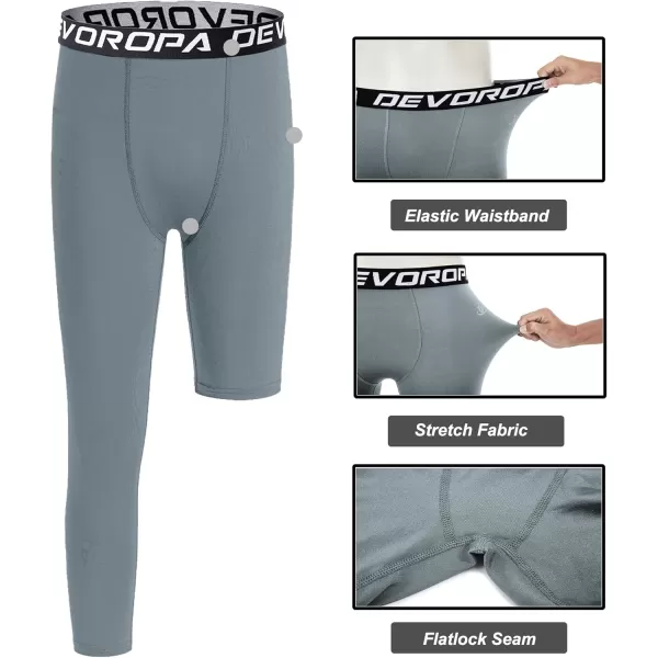 DEVOROPA Youth Boys One Leg Compression Pants for Basketball 34 Leggings Sports Tights Kids Athletic Soccer Base LayerLight Grayright Long