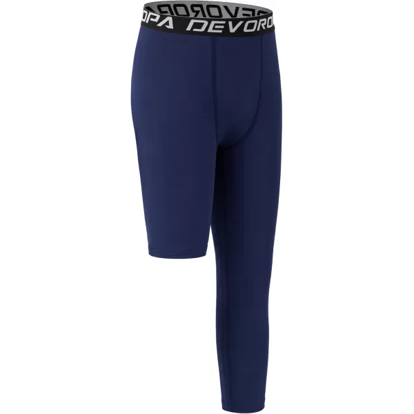 DEVOROPA Youth Boys One Leg Compression Pants for Basketball 34 Leggings Sports Tights Kids Athletic Soccer Base LayerNavyleft Long