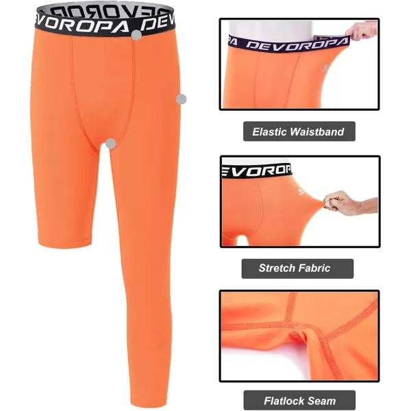 DEVOROPA Youth Boys One Leg Compression Pants for Basketball 34 Leggings Sports Tights Kids Athletic Soccer Base LayerOrangeleft Long