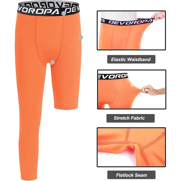 DEVOROPA Youth Boys One Leg Compression Pants for Basketball 34 Leggings Sports Tights Kids Athletic Soccer Base LayerOrangeright Long