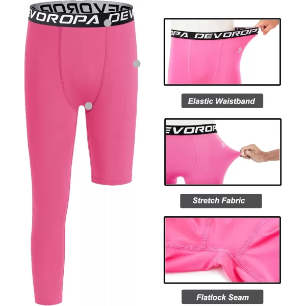DEVOROPA Youth Boys One Leg Compression Pants for Basketball 34 Leggings Sports Tights Kids Athletic Soccer Base LayerPinkright Long