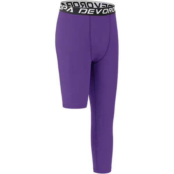 DEVOROPA Youth Boys One Leg Compression Pants for Basketball 34 Leggings Sports Tights Kids Athletic Soccer Base LayerPurpleleft Long