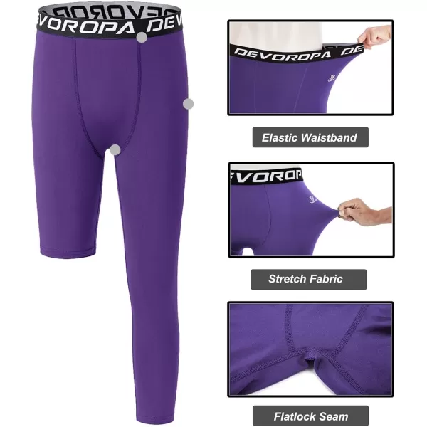 DEVOROPA Youth Boys One Leg Compression Pants for Basketball 34 Leggings Sports Tights Kids Athletic Soccer Base LayerPurpleleft Long