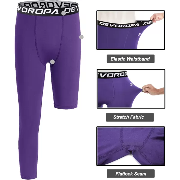 DEVOROPA Youth Boys One Leg Compression Pants for Basketball 34 Leggings Sports Tights Kids Athletic Soccer Base LayerPurpleright Long