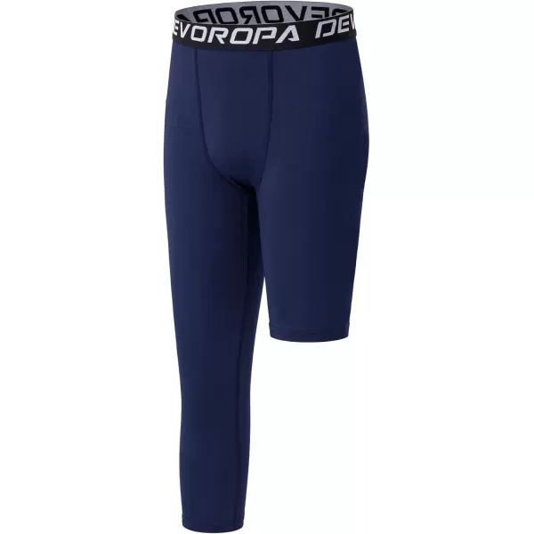 DEVOROPA Youth Boys One Leg Compression Pants for Basketball 34 Leggings Sports Tights Kids Athletic Soccer Base LayerRnavy
