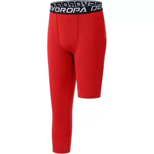 DEVOROPA Youth Boys One Leg Compression Pants for Basketball 34 Leggings Sports Tights Kids Athletic Soccer Base LayerRred