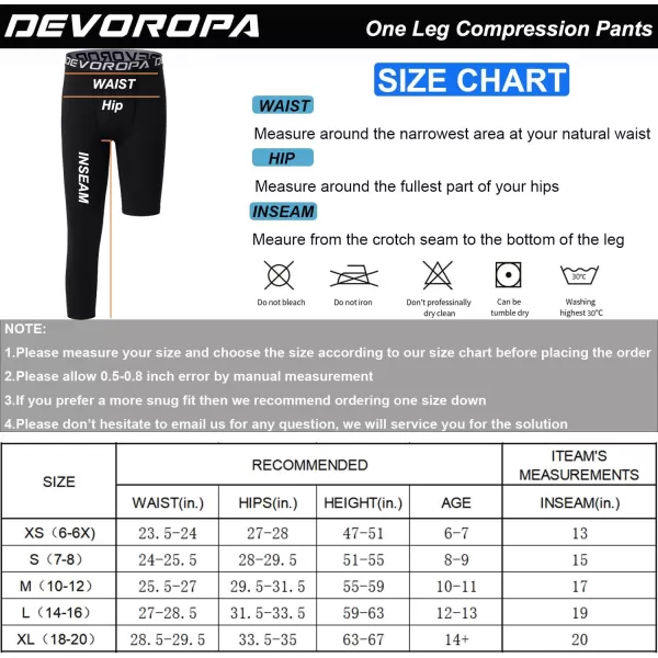 DEVOROPA Youth Boys One Leg Compression Pants for Basketball 34 Leggings Sports Tights Kids Athletic Soccer Base LayerRred