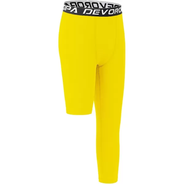 DEVOROPA Youth Boys One Leg Compression Pants for Basketball 34 Leggings Sports Tights Kids Athletic Soccer Base LayerYellowleft Long