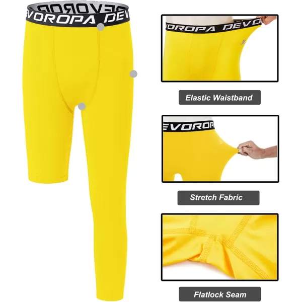 DEVOROPA Youth Boys One Leg Compression Pants for Basketball 34 Leggings Sports Tights Kids Athletic Soccer Base LayerYellowleft Long