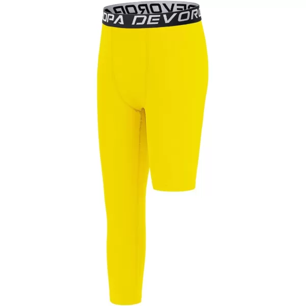 DEVOROPA Youth Boys One Leg Compression Pants for Basketball 34 Leggings Sports Tights Kids Athletic Soccer Base LayerYellowright Long