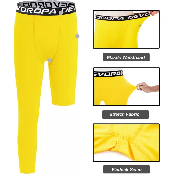 DEVOROPA Youth Boys One Leg Compression Pants for Basketball 34 Leggings Sports Tights Kids Athletic Soccer Base LayerYellowright Long