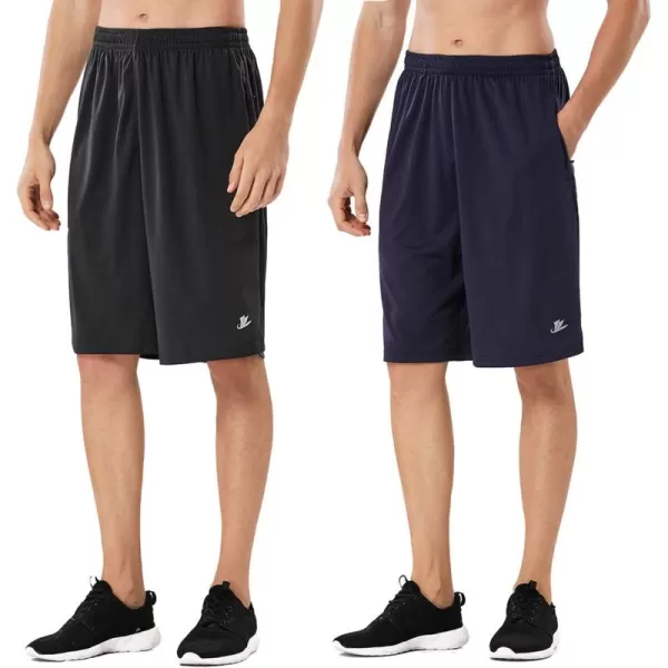 DEVOROPA Mens Athletic Basketball Shorts LooseFit Performance Sports Workout Shorts Zipper PocketsBlackNavy  2 Pack