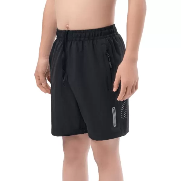 DEVOROPA Youth Boys Athletic Running Shorts Lightweight Quick Dry Sports Workout Gym Hiking Shorts Zip Pockets UPF 50Black