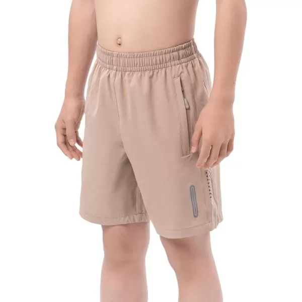 DEVOROPA Youth Boys Athletic Running Shorts Lightweight Quick Dry Sports Workout Gym Hiking Shorts Zip Pockets UPF 50Khaki