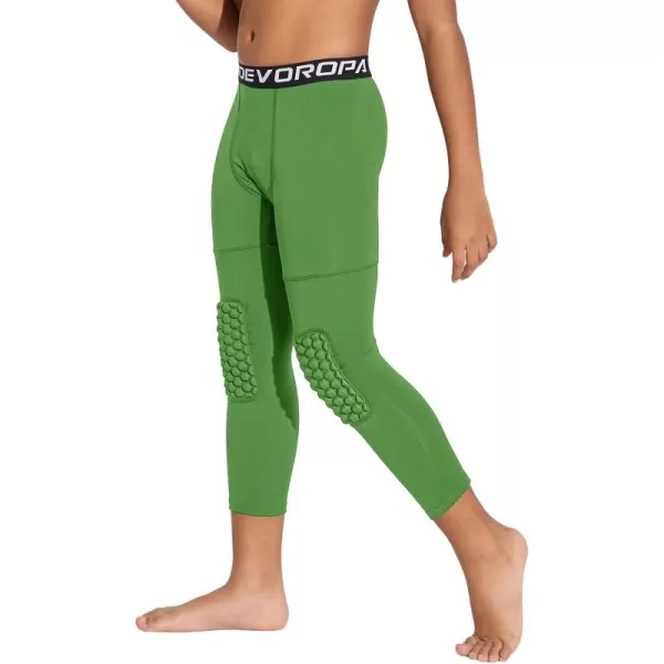 DEVOROPA Youth Boys Compression Pants with Knee Pads 34 Basketball Athletic Tights Quick Dry Sports Workout LeggingsGreen