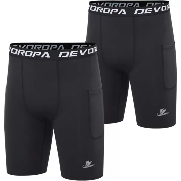 DEVOROPA Youth Boys Compression Shorts Performance Athletic Base Layers Workout Training Underwear Side Pocket Pack of 2BlackBlackwith Side Pockets