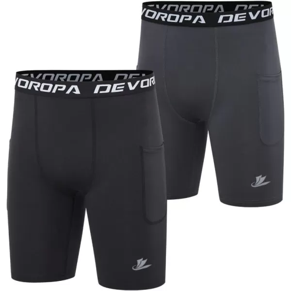 DEVOROPA Youth Boys Compression Shorts Performance Athletic Base Layers Workout Training Underwear Side Pocket Pack of 2BlackGraywith Side Pockets