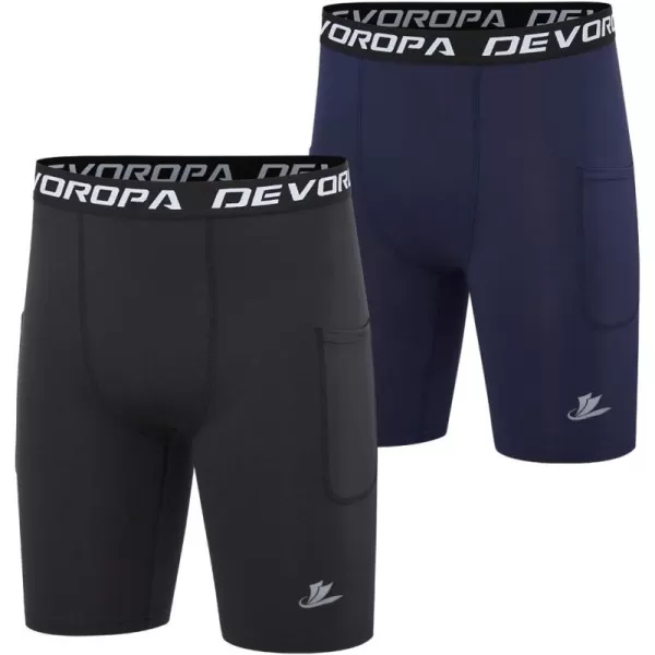 DEVOROPA Youth Boys Compression Shorts Performance Athletic Base Layers Workout Training Underwear Side Pocket Pack of 2BlackNavywith Side Pockets