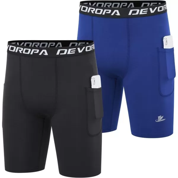 DEVOROPA Youth Boys Compression Shorts Performance Athletic Base Layers Workout Training Underwear Side Pocket Pack of 2BlackRoyalwith Side Pockets