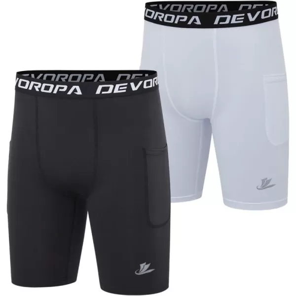 DEVOROPA Youth Boys Compression Shorts Performance Athletic Base Layers Workout Training Underwear Side Pocket Pack of 2BlackWhitewith Side Pockets