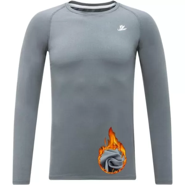 DEVOROPA Youth Boys Compression Thermal Shirt Long Sleeve Fleece Baselayer Soccer Baseball UndershirtCrew Necklight Gray