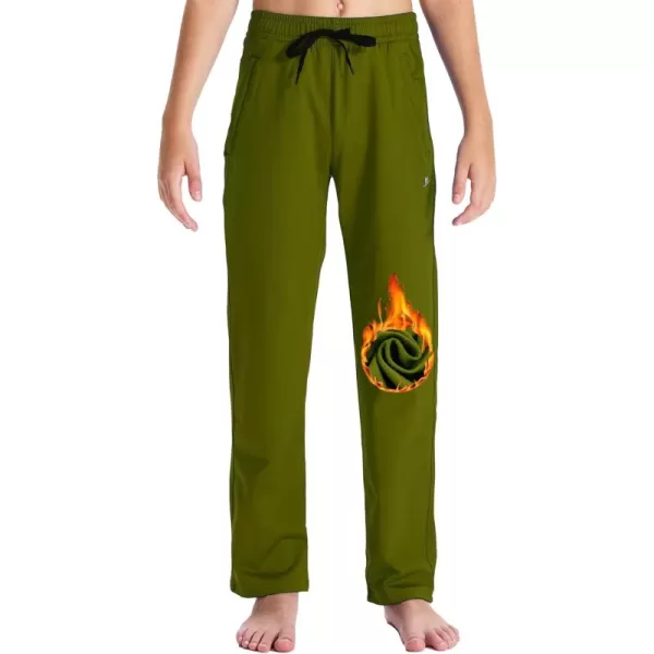 DEVOROPA Youth Boys Fleece Lined Sweatpants Open Bottom Water Resistant Winter Thermal Track Athletic Pants Zipper PocketsArmy Green