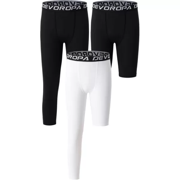 DEVOROPA Youth Boys One Leg Compression Pants for Basketball 34 Leggings Sports Tights Kids Athletic Soccer Base Layer3pack BlackBlackWhiteright Long