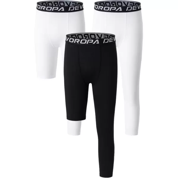 DEVOROPA Youth Boys One Leg Compression Pants for Basketball 34 Leggings Sports Tights Kids Athletic Soccer Base Layer3pack WhiteWhiteBlackleft Long