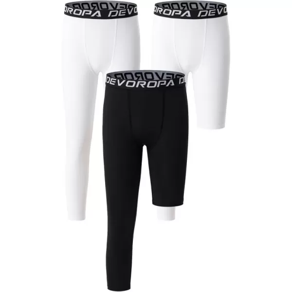 DEVOROPA Youth Boys One Leg Compression Pants for Basketball 34 Leggings Sports Tights Kids Athletic Soccer Base Layer3pack WhiteWhiteBlackright Long