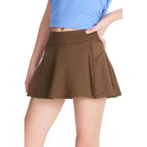 imageDEVOROPA Girls Tennis Skirts Stretch Adjustable Waist Youth Golf Athletic Pleated Skorts Lining Kids Cheer Shorts PocketBrown