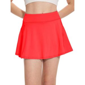imageDEVOROPA Girls Tennis Skirts Stretch Adjustable Waist Youth Golf Athletic Pleated Skorts Lining Kids Cheer Shorts PocketRed