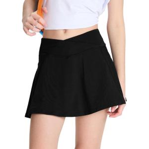 imageDEVOROPA Youth Girls Tennis Skirts Crossover Waist 2 in 1 Flowy Athletic Skorts with Pocket Golf Cheer School Shorts for KidsBlack