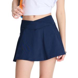 imageDEVOROPA Youth Girls Tennis Skirts Crossover Waist 2 in 1 Flowy Athletic Skorts with Pocket Golf Cheer School Shorts for KidsNavy