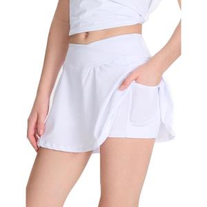 imageDEVOROPA Youth Girls Tennis Skirts Crossover Waist 2 in 1 Flowy Athletic Skorts with Pocket Golf Cheer School Shorts for KidsWhite