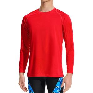 imageDEVOROPA Boys UPF 50 Long Sleeve Rash Guard Swim Shirt Quick Dry Lightweight Swimsuit Youth SPF Fishing Hiking Sun ShirtsRed