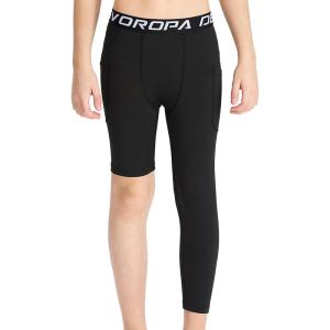 imageDEVOROPA Youth Boys One Leg Compression Pants for Basketball 34 Leggings Sports Tights Athletic Soccer Baselayer PocketsBlackleft Long
