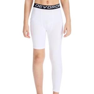 imageDEVOROPA Youth Boys One Leg Compression Pants for Basketball 34 Leggings Sports Tights Athletic Soccer Baselayer PocketsWhiteleft Long